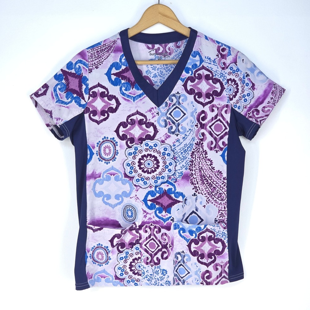 Butter-Soft Stretch Scrub Top Small Medallion Print VNeck Pocketed Medical Nurse